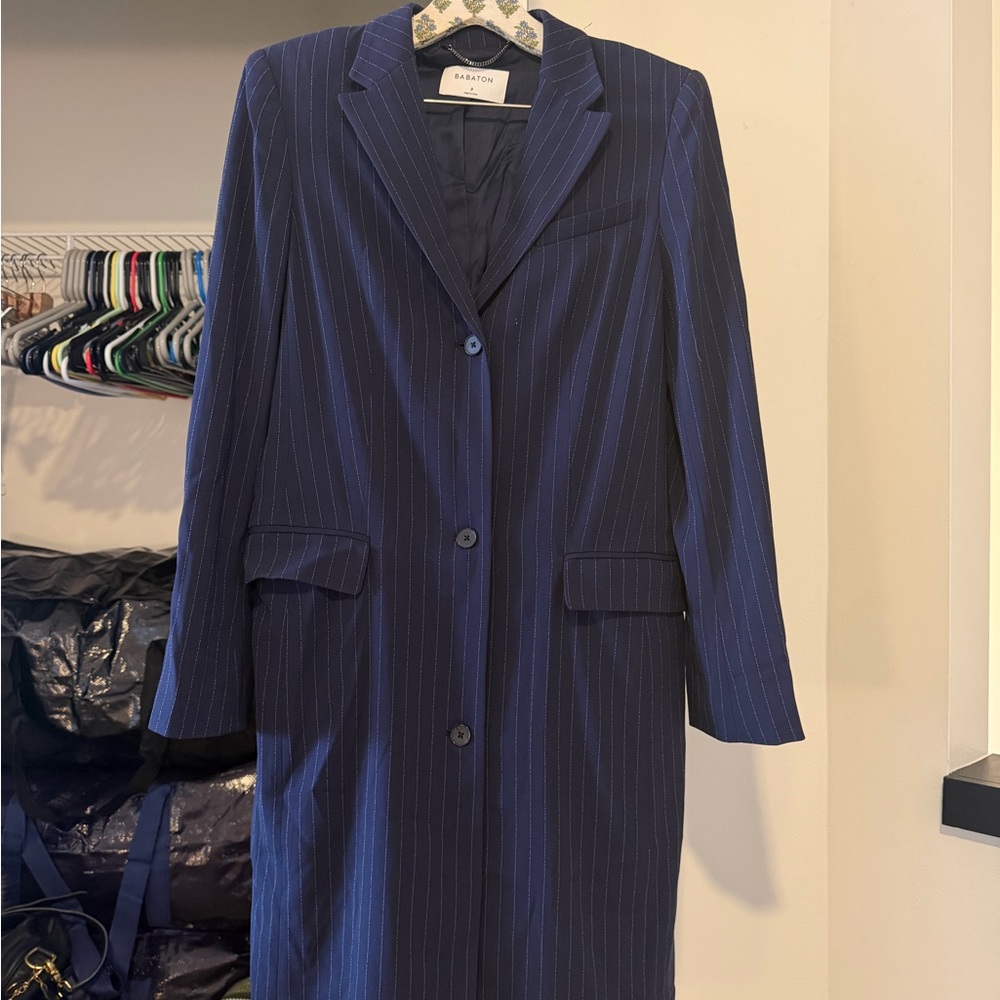 Aritzia Babaton Navy Pinstripe Long Blazer Coat